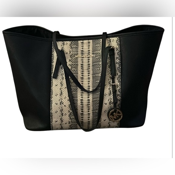 MICHAEL Michael Kors Handbags - Michael Kors Large Travel Saffiano Leather Tote Snake Print and Black
